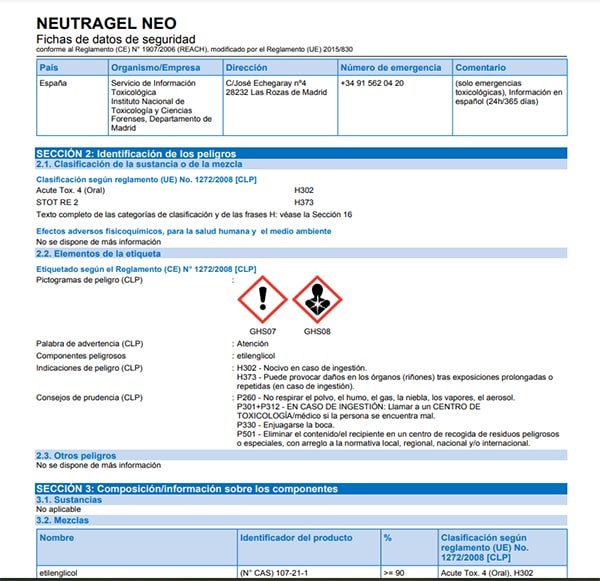 FDS Ficha datos seguridad glicol MEG Neutragel Neo